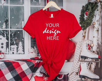 Red Bella Canvas 3001 Shirt Mockup Red Shirt Mockup Christmas Tshirt Mockup Stock Photography SVG Festive Mockup JPG Digital Download