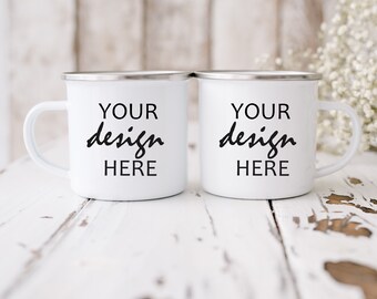 12oz White Enamel Camper Mugs Mockup Photo 300 DPI Use for Front and Back or Pair Set JPEG Two Mugs in Coffee Shop Setting