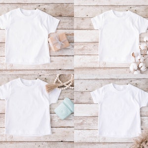 4 x Kids Shirt Mockup White T-shirt Mock Up Toddler Mockup Rustic Wood Background Digital Download Jpg Kids Tee Mock Up