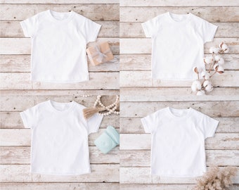 4 x Kids Shirt Mockup White T-shirt Mock Up Toddler Mockup Rustic Wood Background Digital Download Jpg Kids Tee Mock Up