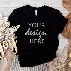 Czarna Bella Canvas 3001 T-shirt świąteczny Makieta T-shirtu Koszulka Makieta Stylizowana fotografia stockowa Cricut Sublimacja Makieta SVG