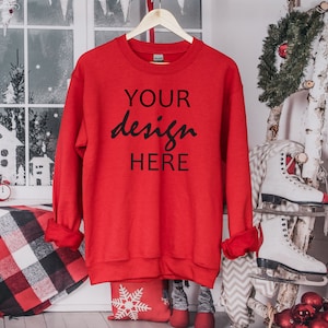 Red Sweater Mockup Gildan 18000 Mockup Gildan Red Sweatshirt Mockup Model Mockup Stock Photography SVG Mockup JPG Digital Download