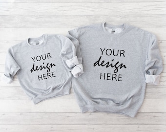 Gildan 18000 Mockup Family Sport Grey Sweater Mommy Me Mock Up Mama Me Child 18000B Youth Jumper Mockup Flat Lay JPG Digital