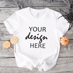 Biała Bella Canvas 3001 Koszulka Mockup Jesień T-shirt Mockup Mockup Halloween Mock-up Jesień Dynia Tee Mock Up Cricut JPG Pobieranie cyfrowe