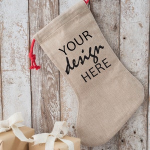 Christmas Stocking Mockup Holiday sublimation burlap stocking Mockup Styled Stock Photo Design Flat Lay Mock Up, JPG Digital Download