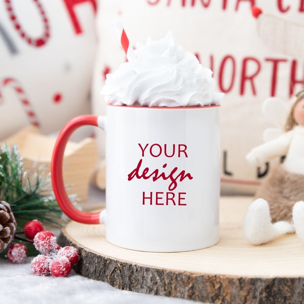 Red Handle Coffee Cup Mock up 11oz Mug Mockup Christmas Mockup Styled Stock Photo Winter Mug Holiday Glass Mock Up JPG Digital Download