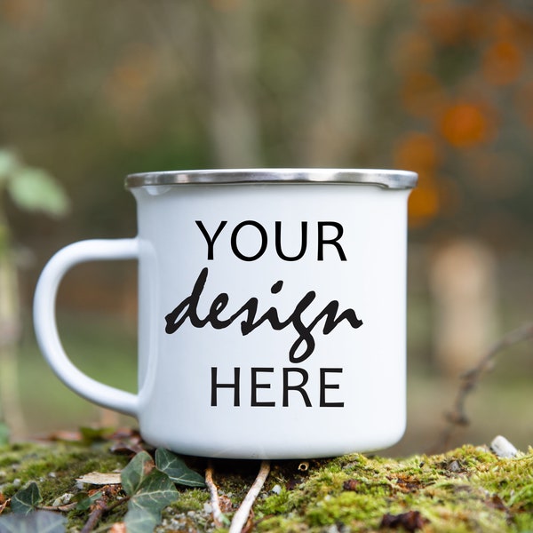 White Enamel Camping Cup Mockups Coffee Cup Mug Maquette Stock Photo Forest Mug Chocolat chaud Outdoor Vacation JPG Digital Download