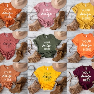 9 x Fall Bella Canvas 3001 Makieta koszulek Rustykalna makieta koszulek Maroon Orange Olive Mauve Mustard Autumn Gold Tee JPG Pobieranie cyfrowe