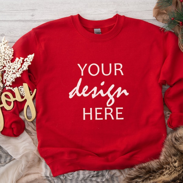 Red Sweater Mockup Gildan 18000 Mockup Gildan Red Christmas Sweatshirt Mockup Model Mockup Stock Photography SVG Mockup JPG Digital Download