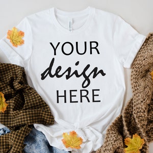 Biała Bella Canvas 3001 Koszulka Mockup Jesień T-shirt Mockup Mockup Halloween Mock-up Jesień Dynia Tee Mock Up Cricut JPG Pobieranie cyfrowe