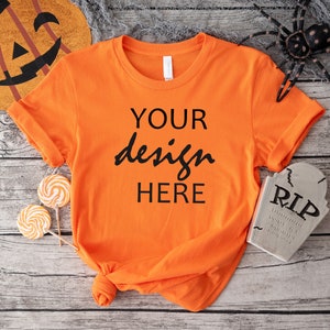Pomarańczowa Bella Canvas 3001 Koszulka Mockup Jesień T-shirt Mockup Makieta Halloween Mock-up Jesień Dynia Tee Mock Up Cricut JPG Pobieranie cyfrowe