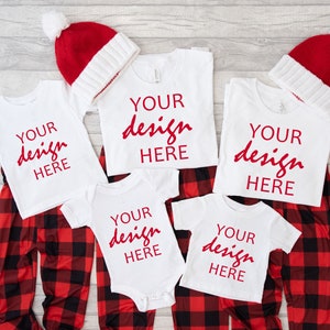 Family Christmas Bella Canvas 3001 Mockup Matching White Tshirt Mommy & Me Mama Toddler Pyjamas Baby bodysuit Mockup Flat Lay JPG Digital