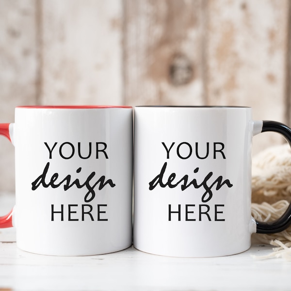 Valentine's Day Red Black Handle Mug Mock ups Couples Coffee Cup Mockup Styled Stock Rustic Mock Up, JPG Digital Download