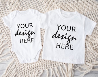 White Tshirt Mockup Sister/Brother & Me Mock Up Boho Siblings Kids Baby Vest Mockup Toddler Tshirt Baby bodysuit Mockup Flat Lay JPG Digital
