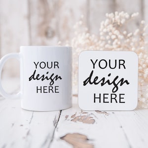 White Mug and Coaster Mockup Coffee Cup Mug Mock up Stock Photo Mug Hot chocolate Mockup Outdoor Mock Up JPG Digital Download