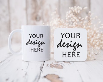 White Mug and Coaster Mockup Coffee Cup Mug Mock up Stock Photo Mug Hot chocolate Mockup Outdoor Mock Up JPG Digital Download