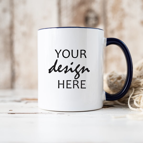 Dark Blue Accent Handle Mug Mock ups Coffee Cup Mug Mockup Styled Stock Rustic Country Mug Valentines Gift Mock Up, JPG Digital Download