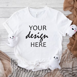 Biała Bella Canvas 3001 Koszulka Mockup Jesień T-shirt Mockup Mockup Halloween Mock-up Jesień Dynia Tee Mock Up Cricut JPG Pobieranie cyfrowe