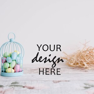 May include: A light blue birdcage filled with pastel colored Easter eggs. The cage is sitting on a whitewashed wooden surface with the text "YOUR design HERE" written in black.