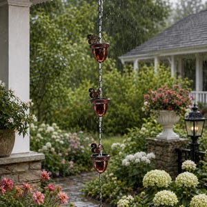 May include: A copper-colored rain chain featuring three repeating acorn-shaped cups, each topped with a small squirrel figure. The chain is suspended vertically from a roof eave, with water flowing through the cups during a rain shower.