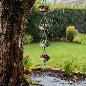 Może przedstawiać: Dekoracyjny łańcuch deszczowy z czterema miedzianymi kubkami w kształcie muszli zawieszonymi na łańcuchach. Łańcuch deszczowy wisi na drzewie w ogrodzie, z deszczem w tle. Kubki mają zielonkawy nalot.