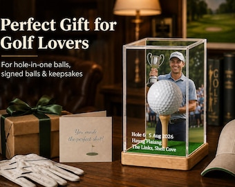Vitrina personalizada para pelotas de golf, soporte acrílico para pelotas de hoyo en uno con base de madera, regalo personalizado para golfistas, caja de recuerdos de torneos.