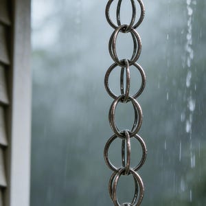 Cadena de lluvia moderna con anillos, alternativa decorativa para bajantes de canalones, fuente de agua minimalista.