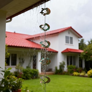 May include: A copper rain chain with decorative, openwork elements. Water cascades down the chain from a gutter, with a house and green lawn in the background. The chain has a verdigris finish, adding a touch of color.