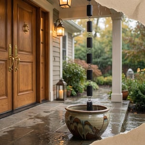 May include: A black rain chain with cylindrical links descends into a decorative ceramic pot. The pot has a brown and cream glaze. The scene is set on a stone patio in front of a wooden door.
