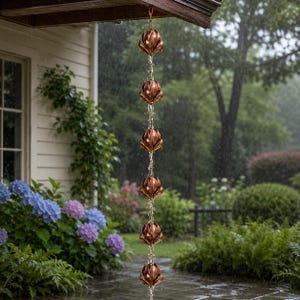 May include: A copper rain chain featuring six repeating lotus flower-shaped cups suspended vertically from a roof eave. The metallic cups are linked together by a central chain, allowing water to flow down through the centre of each floral element.