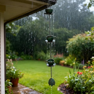 May include: A green metal rain chain with three teacups and saucers hanging in a garden. The rain chain is suspended from a gutter and is designed to channel rainwater. The image shows rain falling.