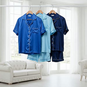 Blue Satin Pajamas Set: Bridesmaid Bridal Party PJs