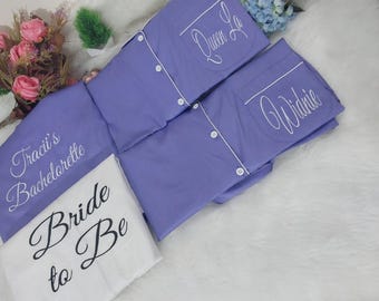 Lilac Cotton Pajama Set, Embroidered Bridal Party PJs