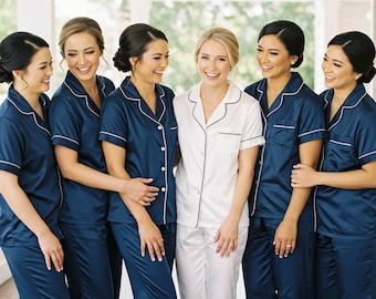 Navy Blue Satin Pajamas Set: Long Bridesmaid PJs