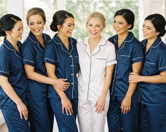 Blue Satin Pajamas Set: Bridesmaid Bridal Party Gift
