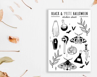 Halloween Black and White Sticker Sheet // Waterproof sticker sheet, Autumn Stickers, Spooky stickers, Bullet Journal Sticker, Scrapbooking