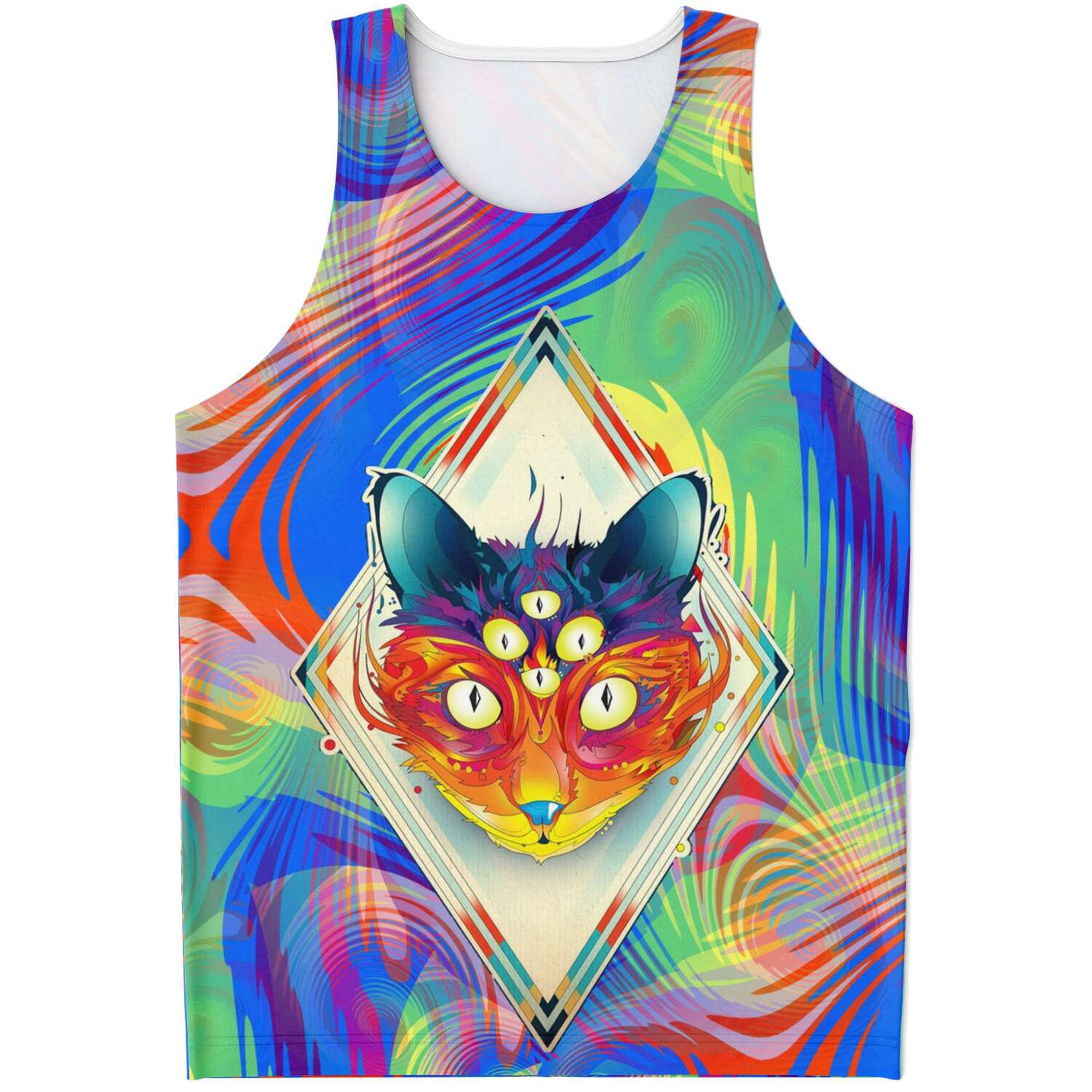 Discover Trippy Cat Unisex Music Festival Gear Psychedelic Rave 3D Tank Top