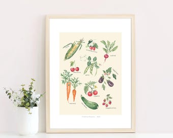 Puede incluir: Una ilustración de estilo vintage de varias verduras y frutas, incluyendo maíz, zanahorias, calabacín, berenjena, guisantes, rábanos y cerezas. La ilustración está en una paleta de colores apagados con un fondo crema.