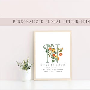 Personalized birth print, birth poster, flower nursery letter print, girls room, pink flower,monogram, floral nursery print, customized, art