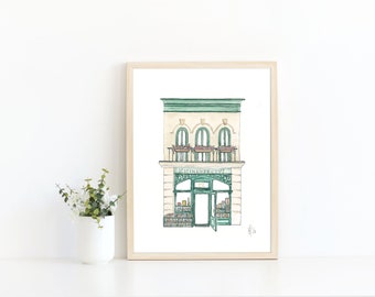 European storefront, storefront drawing, bookstore drawing, bookstore art, watercolor print, vintage storefront, vintage shop