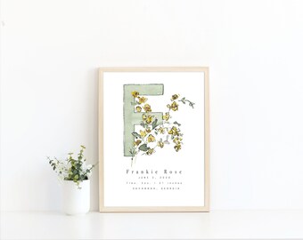Personalized Birth Flower-  Flower Birth Announcement- Birth Stats- Watercolor - Personalized Baby Gift- Baby Girl Nursery- nursery wall art