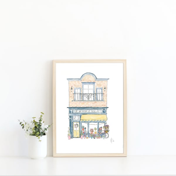 European Storefront, Czech Flower Shop Drawing, Watercolor Print, Zahradka, flower shop Painting, storefront painting, vintage storefront