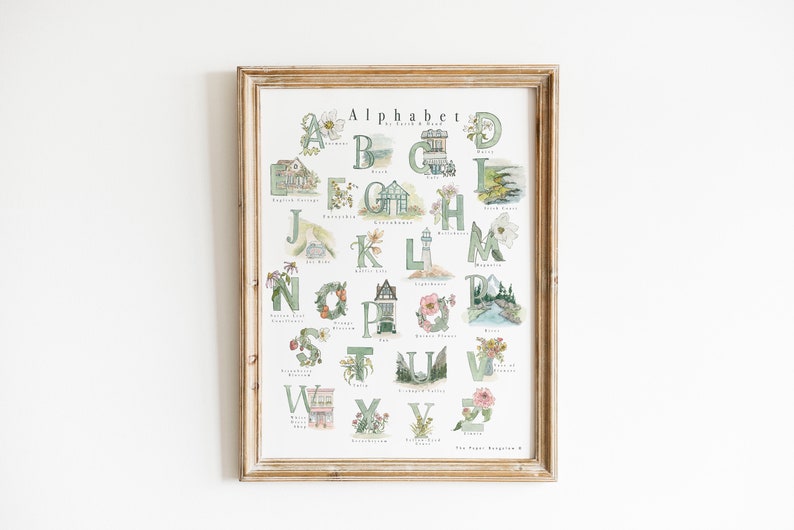 May include: A framed alphabet poster with watercolor illustrations of nature scenes and objects. Each letter is decorated with a different image, such as a lighthouse, a house, or a flower. The poster is titled "Alphabet by Sarah & Reed".