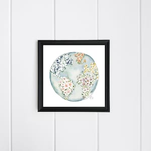 Watercolor Flowers World Map, Square Painting, Floral Globe, World of Flowers, Watercolor Painting, Flower Painting, World Map Watercolor