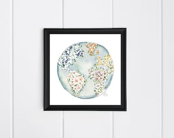 Aquarell Blumen Weltkarte, quadratische Malerei, Blumenkugel, Welt der Blumen, Aquarell Malerei, Blumenmalerei, Weltkarte Aquarell