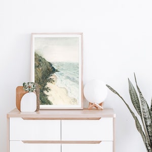Meer Aquarell Landschaft, Meer Landschaft, beruhigende Malerei, Sanfte Ozean Kunst, Meer Kunst, Aquarell Malerei, ruhige Kunst, Küsten Kunst, Wassermalerei Bild 1