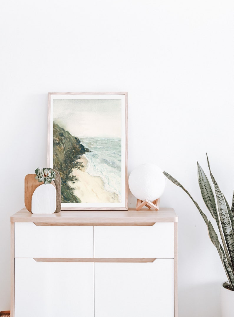 Meer Aquarell Landschaft, Meer Landschaft, beruhigende Malerei, Sanfte Ozean Kunst, Meer Kunst, Aquarell Malerei, ruhige Kunst, Küsten Kunst, Wassermalerei Bild 1