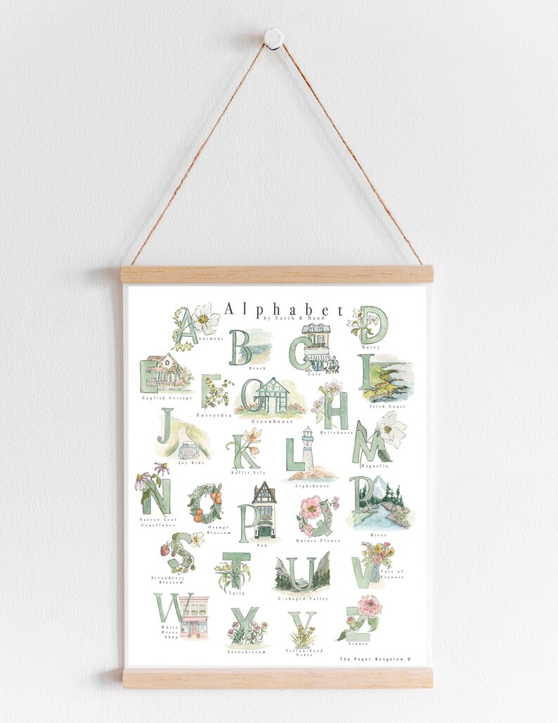 May include: A green alphabet poster with illustrations of nature and places. Each letter is surrounded by a green border and features a different illustration, such as a lighthouse, a beach, a river, and a mountain. The poster is titled "Alphabet by Earth & Home".