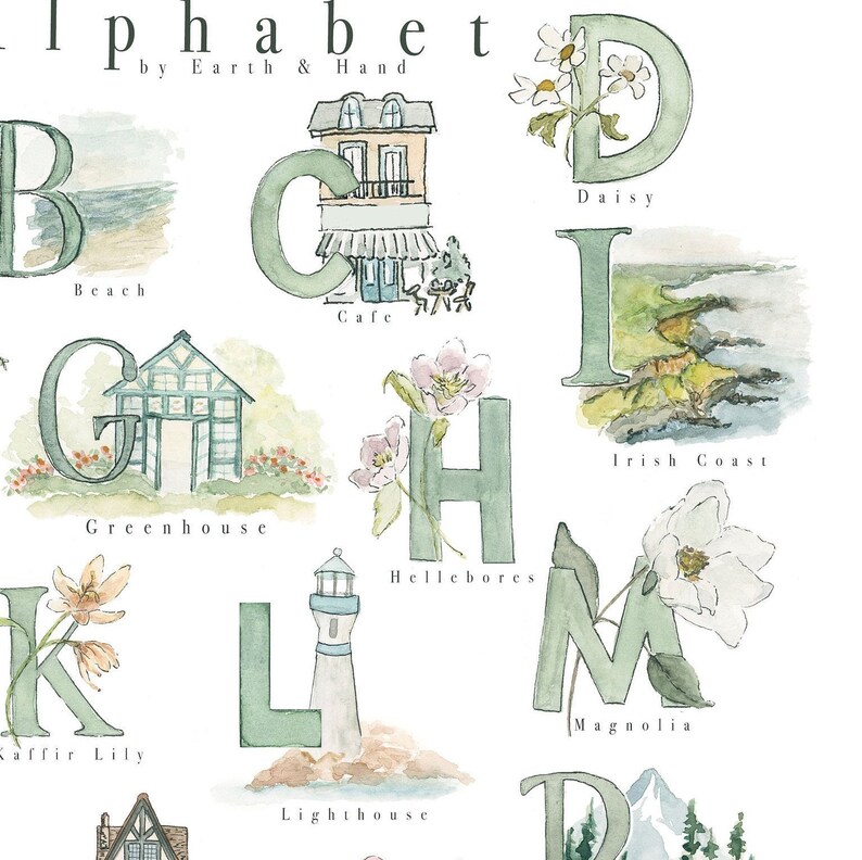 May include: Watercolor alphabet print featuring a green letter for each letter of the alphabet, with a corresponding illustration.  The letters include B for Beach, C for Cafe, D for Daisy, G for Greenhouse, H for Hellebores, I for Irish Coast, K for Kaffir Lily, L for Lighthouse, and M for Magnolia.