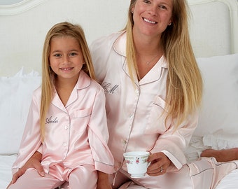 Personalised Pink Silky Satin Long Pyjama Set